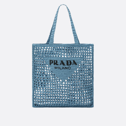 PRADA RAFFIA TASCHE MIT GEWEBTEM LOGO IN BLAU