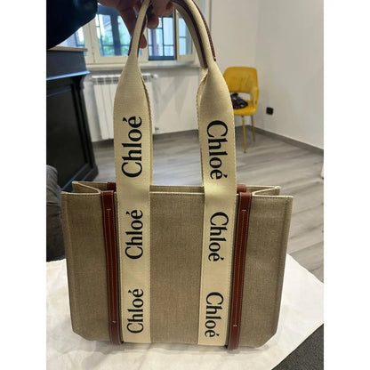 CHLOÉ WOODY TOTE BAG AUS LEINEN